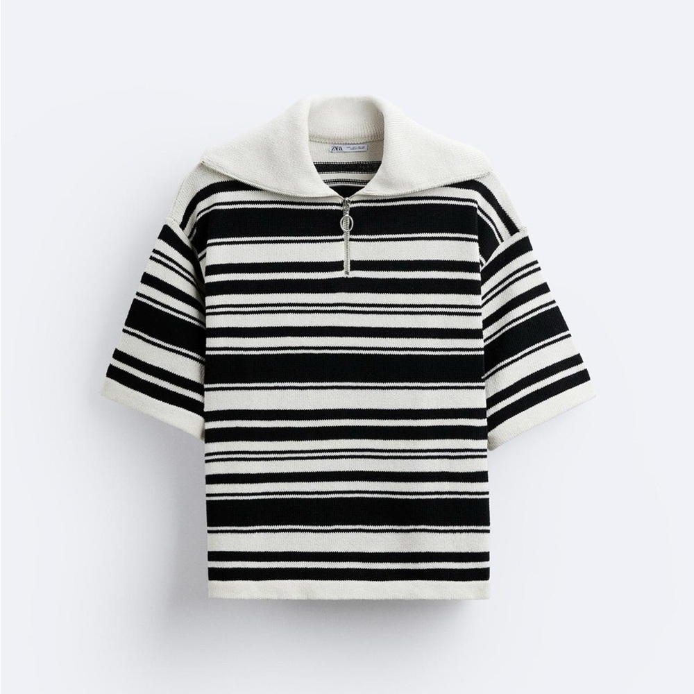 Zara Black and Cream Striped Knit Top